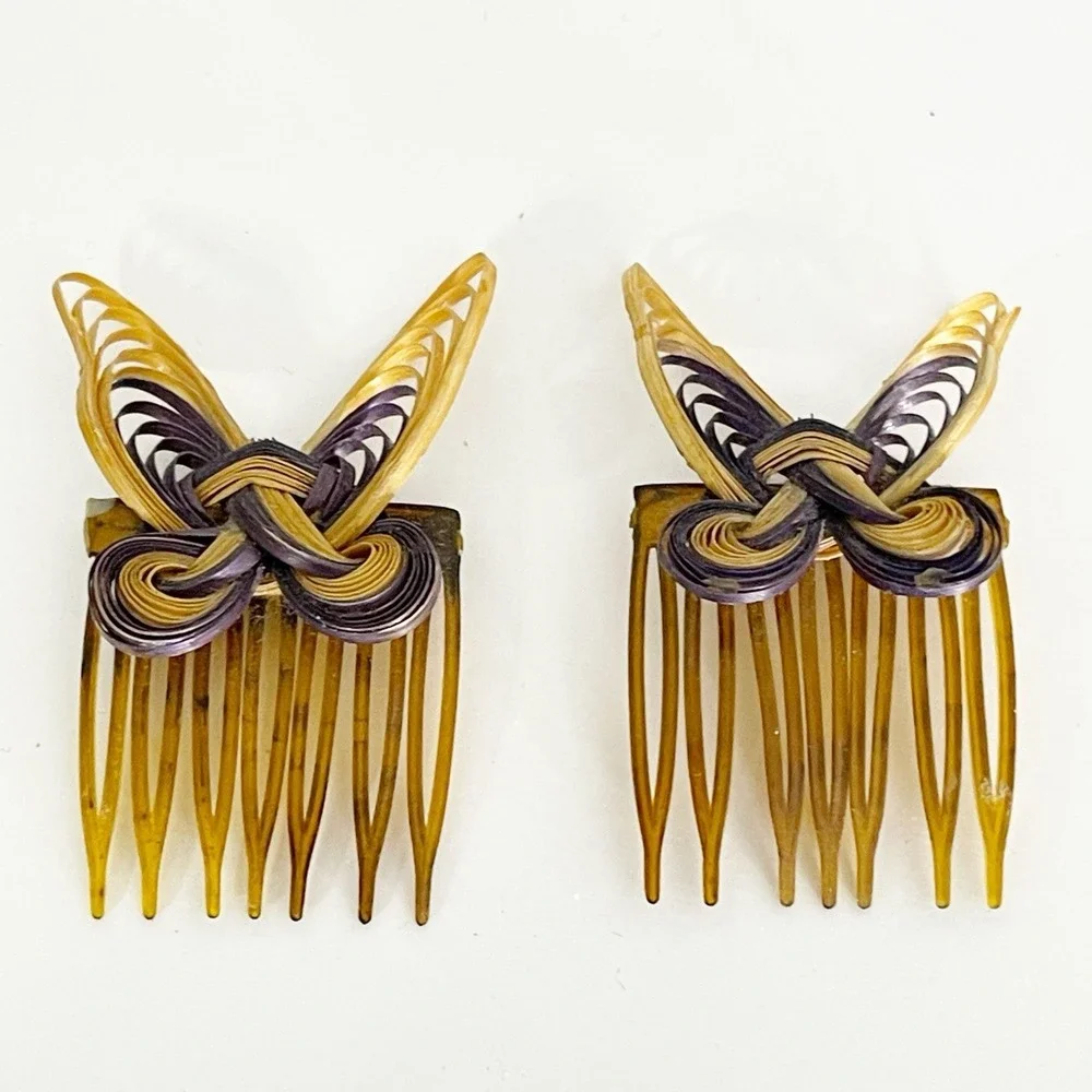 Vintage 80s Wooden Butterfly Comb Clips Set of 2 Plastic Nostalgia Casual Cutie